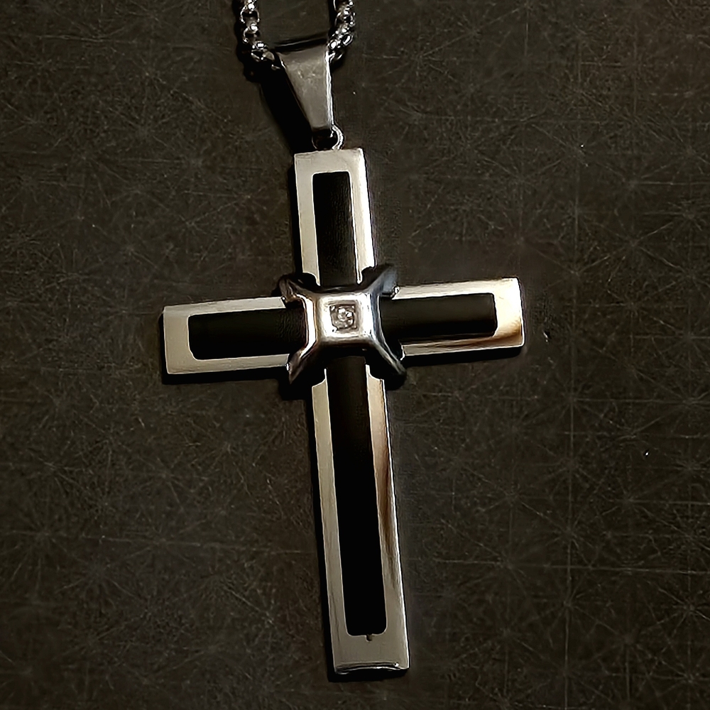 Stainless Steel Black & Silver Cross Pendant Necklace